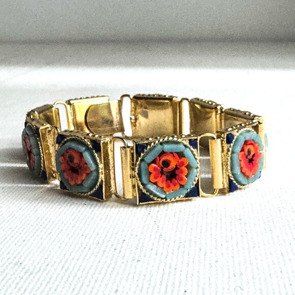 Vintage Italian Micro Mosaic Floral Print Bracelet - Picture 1 of 4